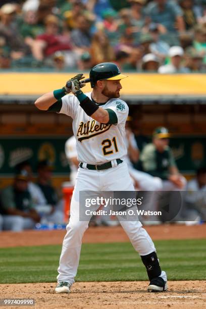 Jonathan Lucroy of the Oakland Athletics at bat against the Cleveland Indians during the fifth inning at the Oakland Coliseum on July 1, 2018 in...