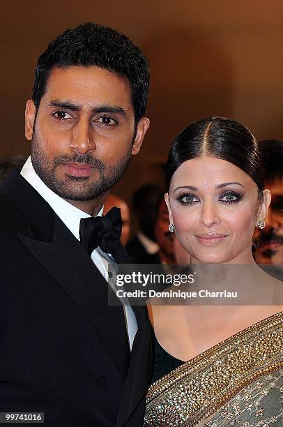 Actors Abhishek Bachchan and Aishwarya Rai Bachchan attend the premiere of 'Outrage' held at the Palais des Festivals during the 63rd Annual...