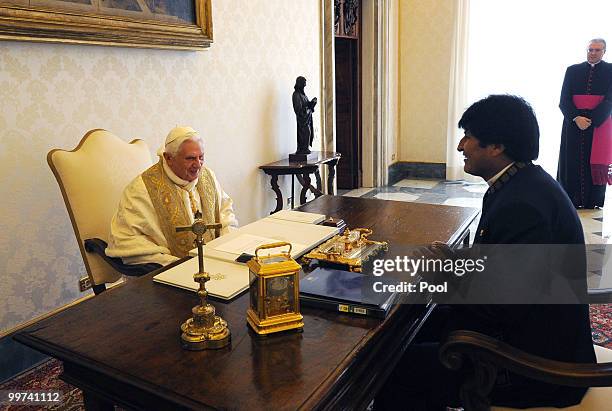 Pope Benedict XVI meets President of Bolivia Evo Morales at the Vatican Library on May 17, 2010 in Vatican City, Vatican. President Morales claimed...