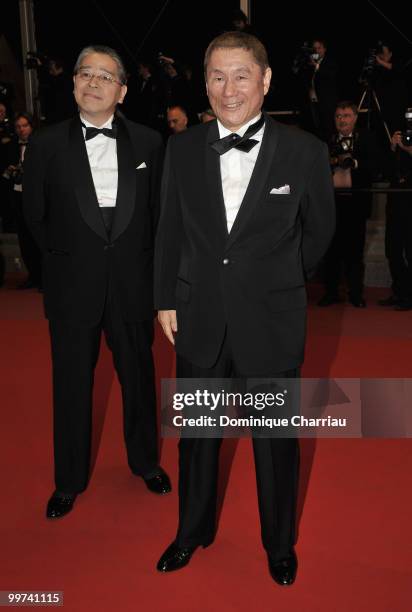 Producer Masayuki Mori and writer/director/actor Takeshi Kitano attends the premiere of 'Outrage' held at the Palais des Festivals during the 63rd...