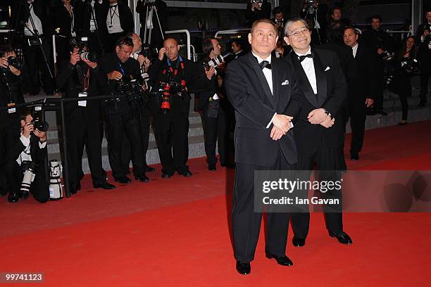 Director Takeshi Kitano and Masayuki Mori attend "Outrage" Premiere at the Palais des Festivals during the 63rd Annual Cannes Film Festival on May...