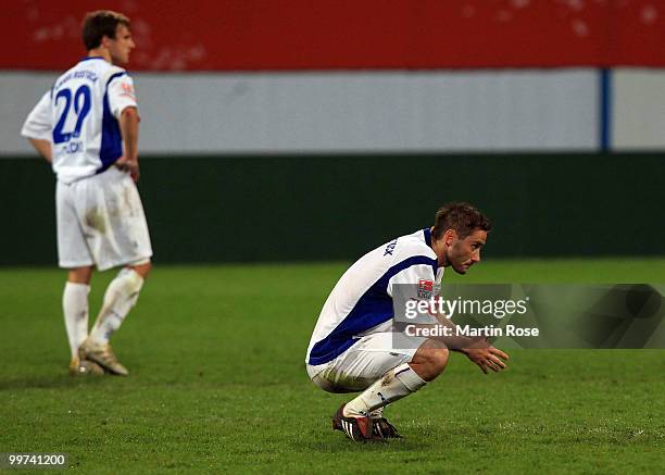 Martin Retov of Rostock looks dejected after the Second Bundesliga play off leg two match between Hansa Rostock and FC Ingolstadt 04 at DKB Arena on...