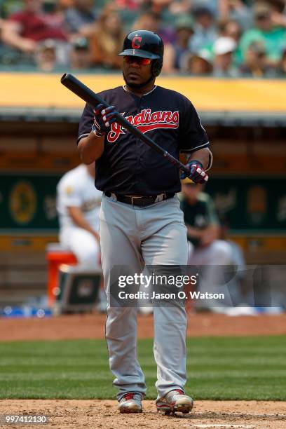 Edwin Encarnacion of the Cleveland Indians at bat against the Oakland Athletics during the fifth inning at the Oakland Coliseum on July 1, 2018 in...