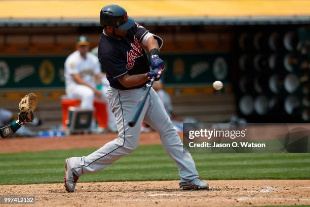 Edwin Encarnacion of the Cleveland Indians at bat against the Oakland Athletics during the fifth inning at the Oakland Coliseum on July 1, 2018 in...