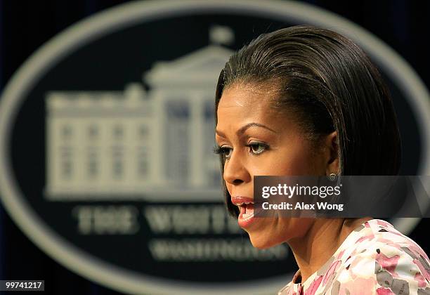 First lady Michelle Obama speaks as she makes an announcement at the South Court Auditorium of the Eisenhower Executive Office Building May 17, 2010...