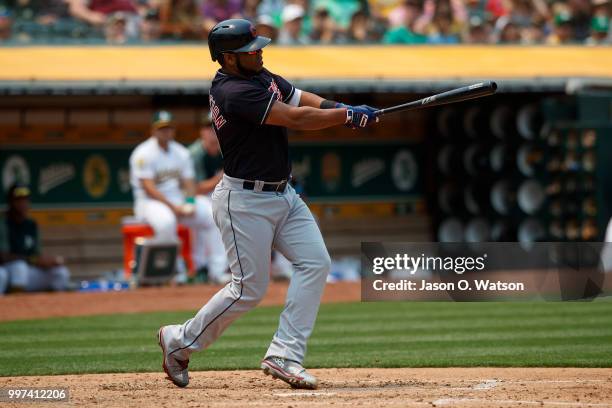 Edwin Encarnacion of the Cleveland Indians at bat against the Oakland Athletics during the fifth inning at the Oakland Coliseum on July 1, 2018 in...