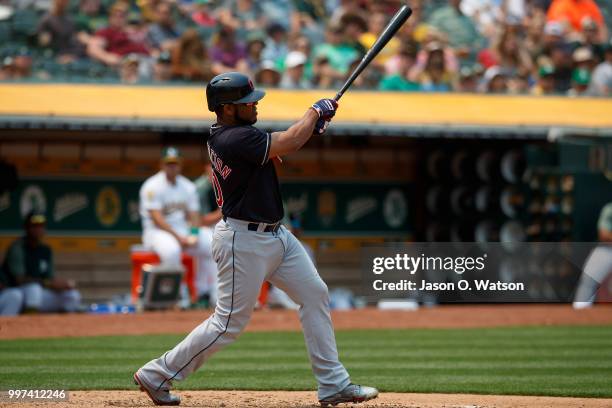 Edwin Encarnacion of the Cleveland Indians at bat against the Oakland Athletics during the fifth inning at the Oakland Coliseum on July 1, 2018 in...