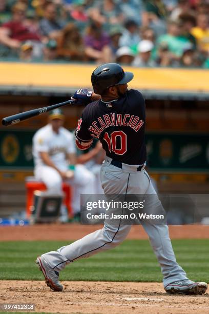 Edwin Encarnacion of the Cleveland Indians at bat against the Oakland Athletics during the fifth inning at the Oakland Coliseum on July 1, 2018 in...