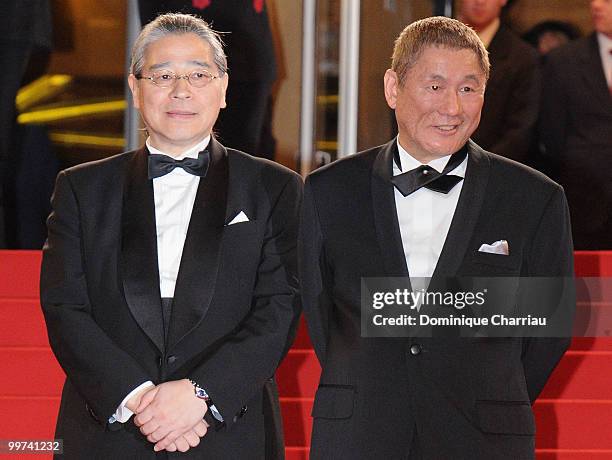 Producer Masayuki Mori and writer/director/actor Takeshi Kitano attends the premiere of 'Outrage' held at the Palais des Festivals during the 63rd...