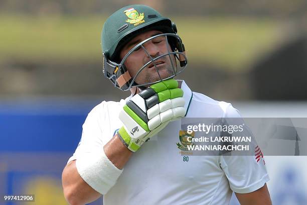 South Africa's Dean Elgar reacts after being dismissed during the second day of the opening Test match between Sri Lanka and South Africa at the...