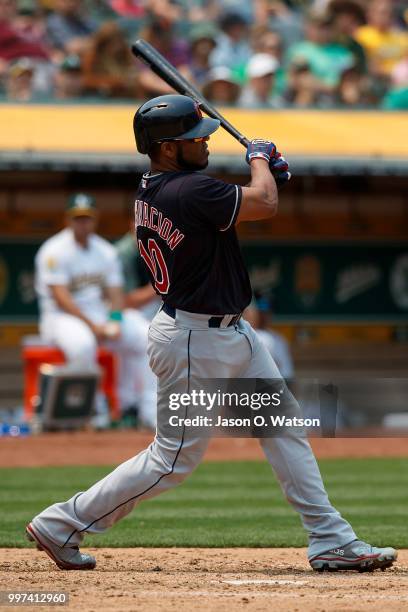 Edwin Encarnacion of the Cleveland Indians at bat against the Oakland Athletics during the fifth inning at the Oakland Coliseum on July 1, 2018 in...