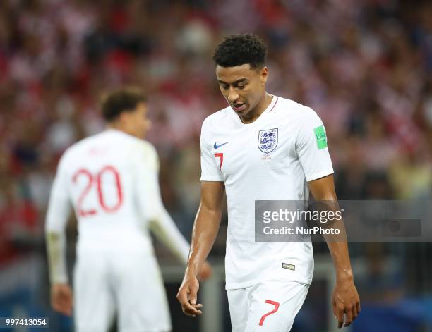 Jesse Lingard of England reacts during the 2018 FIFA World Cup Russia Semi Final match between England and Croatia at Luzhniki Stadium on July 11,...