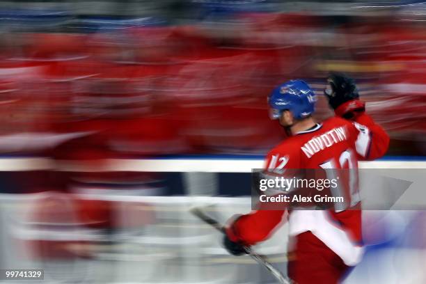 Jiri Novotny of Czech Republic celebrates his team's third goal with team mates during the IIHF World Championship group F qualification round match...
