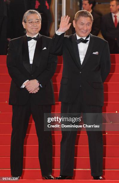 Producer Masayuki Mori and writer/director/actor Takeshi Kitano attends the premiere of 'Outrage' held at the Palais des Festivals during the 63rd...