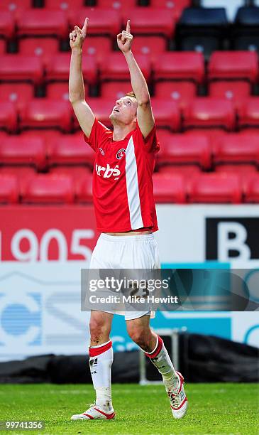 David Mooney of Charlton celebrates his second goal during the Coca-Cola League One Playoff Semi Final 2nd Leg between Charlton Athletic and Swindon...