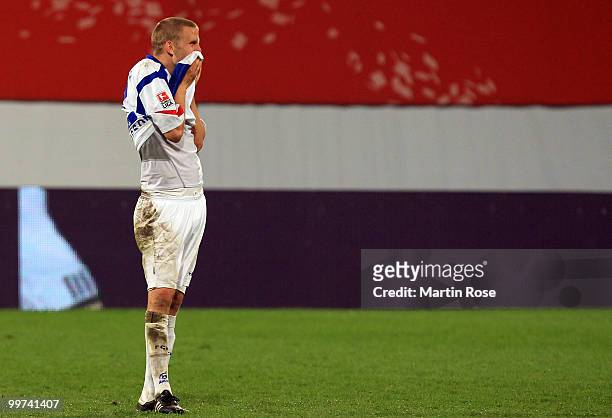 Andreas Dahlen of Rostock looks dejected after the Second Bundesliga play off leg two match between Hansa Rostock and FC Ingolstadt 04 at DKB Arena...