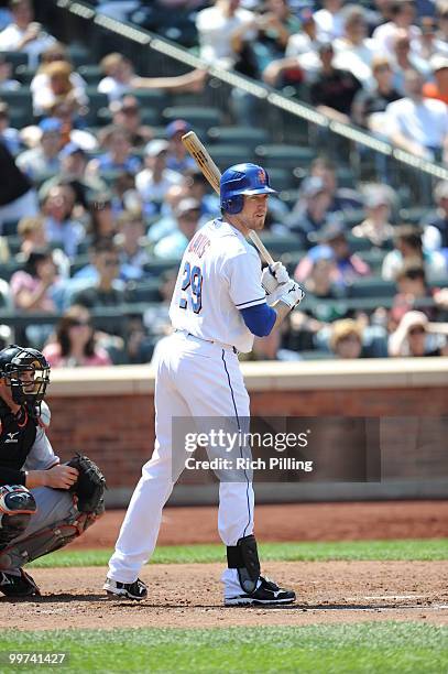 Ike Davis of the New York Mets bats during the extra inning game against the San Francisco Giants at Citi Field in Flushing, New York on May 8, 2010....