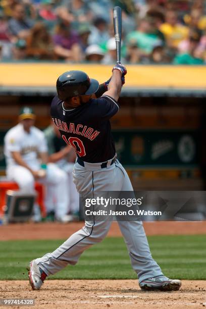 Edwin Encarnacion of the Cleveland Indians at bat against the Oakland Athletics during the fifth inning at the Oakland Coliseum on July 1, 2018 in...