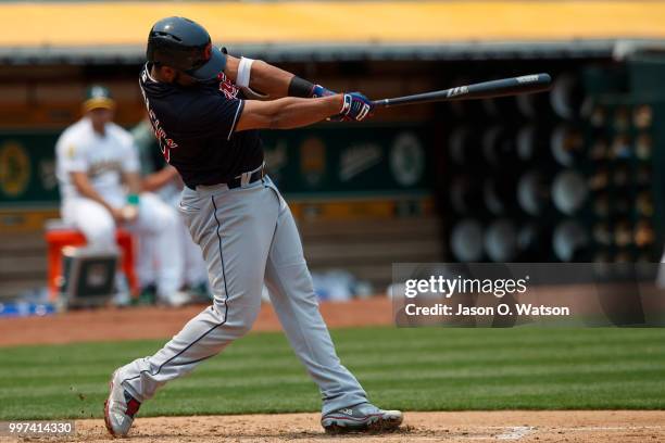 Edwin Encarnacion of the Cleveland Indians at bat against the Oakland Athletics during the fifth inning at the Oakland Coliseum on July 1, 2018 in...