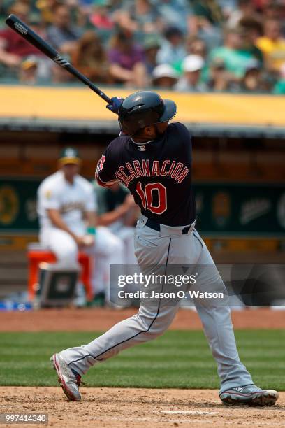 Edwin Encarnacion of the Cleveland Indians at bat against the Oakland Athletics during the fifth inning at the Oakland Coliseum on July 1, 2018 in...