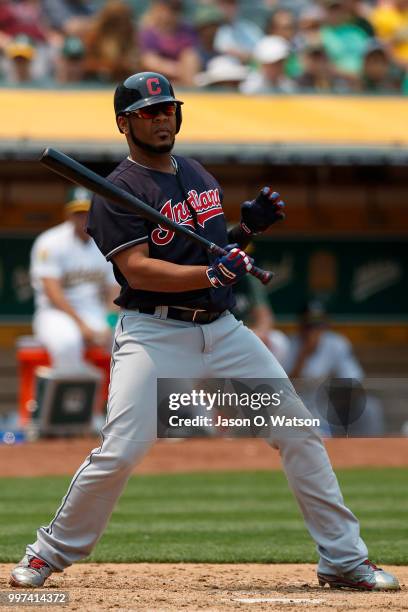 Edwin Encarnacion of the Cleveland Indians at bat against the Oakland Athletics during the fifth inning at the Oakland Coliseum on July 1, 2018 in...