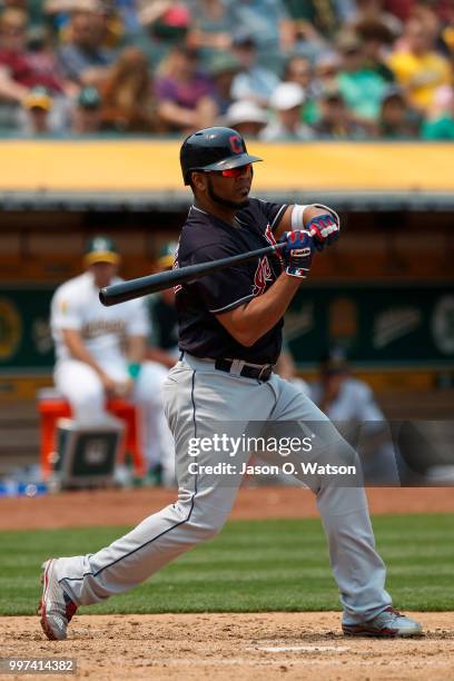 Edwin Encarnacion of the Cleveland Indians at bat against the Oakland Athletics during the fifth inning at the Oakland Coliseum on July 1, 2018 in...