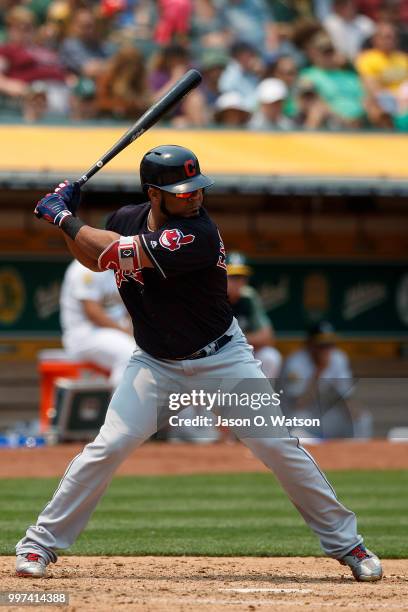 Edwin Encarnacion of the Cleveland Indians at bat against the Oakland Athletics during the fifth inning at the Oakland Coliseum on July 1, 2018 in...