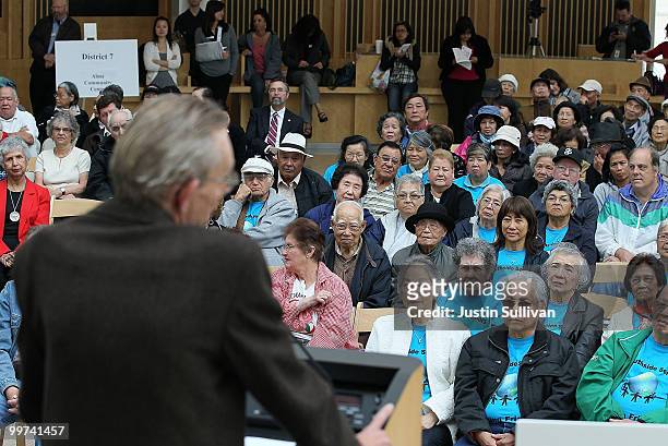 Seniors watch a speaker during a rally against budget cuts to senior programs at San Jose city hall May 17, 2010 in San Jose, California. Dozens of...