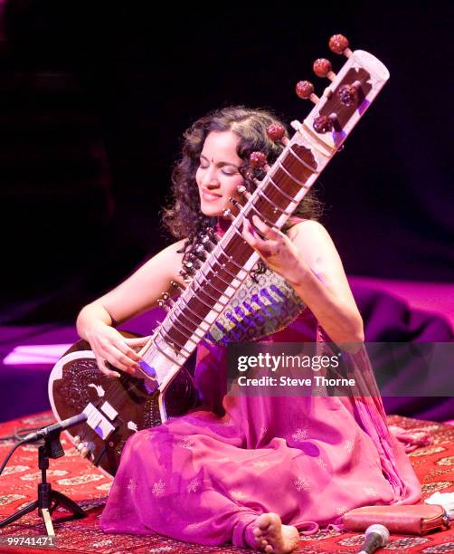 Anoushka Shankar performs on stage during her Anoushka Shankar Project 2010 Concert Tour at Birmingham Town Hall on May 17, 2010 in Birmingham,...