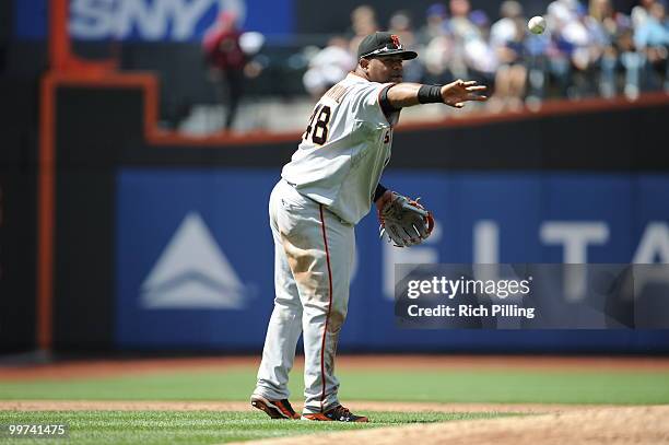 Pablo Sandoval of the San Francisco Giants fields during the extra inning game against the New York Mets at Citi Field in Flushing, New York on May...