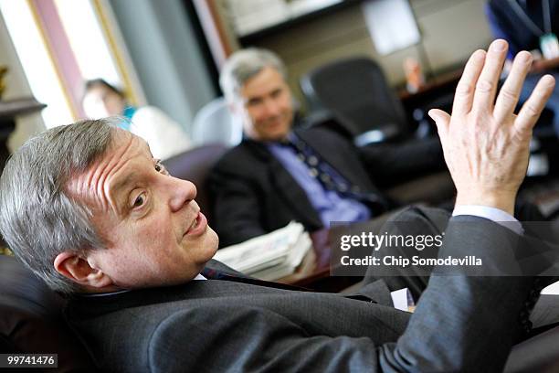 Senate Majority Whip Richard Durbin and U.S. Sen. Sheldon Whitehouse talk with reporters in the Senate Press Gallery inside the U.S. Capitol May 17,...