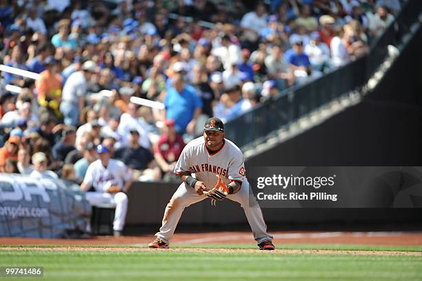 Pablo Sandoval of the San Francisco Giants fields during the extra inning game against the New York Mets at Citi Field in Flushing, New York on May...