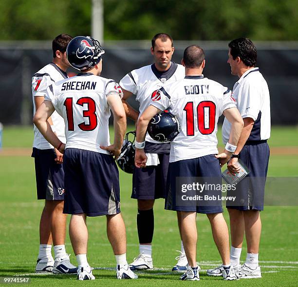 Quarterbacks Matt Schaub, John David Booty, Tyler Sheehan and Dan Orlovsky of the Houston Texans during the first day of OTA's on May 17, 2010 in...