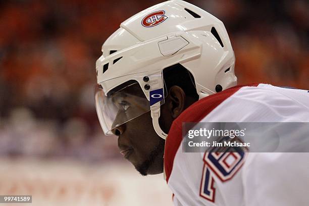 Subban of the Montreal Canadiens looks on against the Philadelphia Flyers in Game 1 of the Eastern Conference Finals during the 2010 NHL Stanley Cup...