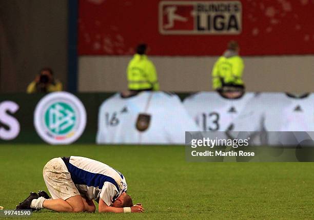 Enrico Kern of Rostock looks dejected after the Second Bundesliga play off leg two match between Hansa Rostock and FC Ingolstadt 04 at DKB Arena on...