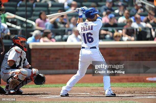 Angel Pagan of the New York Mets bats during the extra inning game against the San Francisco Giants at Citi Field in Flushing, New York on May 8,...