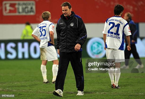 Marco Kostmann , head coach of Rostock looks dejected after the Second Bundesliga play off leg two match between Hansa Rostock and FC Ingolstadt 04...