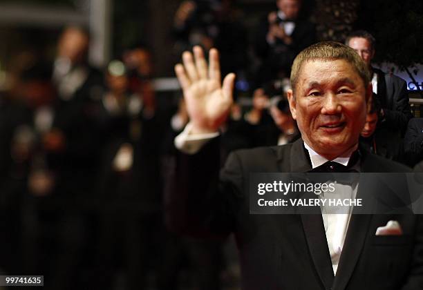 Japanese actor and director Takeshi Kitano arrives for the screening of "Outrage" presented in competition at the 63rd Cannes Film Festival on May...