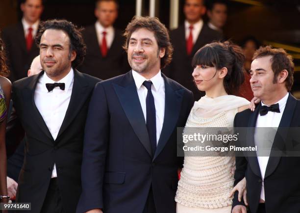 Director Alejandro Gonzalez Inarritu, actor Javier Bardem, actress Maricel Alvarez and actor Eduard Fernandez attend the premiere of 'Biutiful' held...