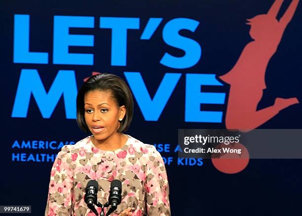 First lady Michelle Obama speaks as she makes an announcement at the South Court Auditorium of the Eisenhower Executive Office Building May 17, 2010...