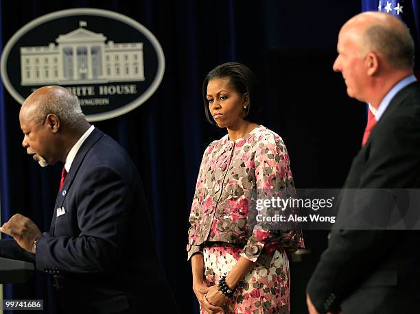 James Gavin III , chairman of the Partnership for Healthier America's board of directors, speaks as U.S. First lady Michelle Obama , and David Mackay...