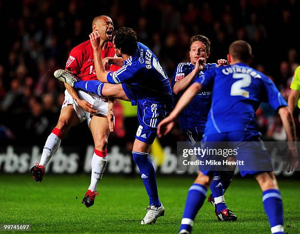 Gordon Greer of Swindon is sent off after this high tackle on Deon Burton of Charlton during the Coca-Cola League One Playoff Semi Final 2nd Leg...