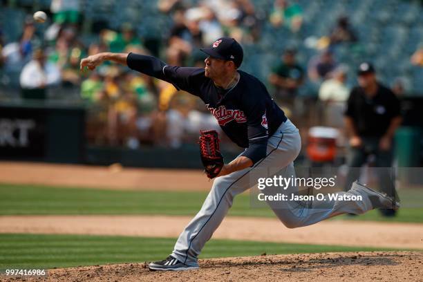 Zach McAllister of the Cleveland Indians pitches against the Oakland Athletics during the eighth inning at the Oakland Coliseum on July 1, 2018 in...