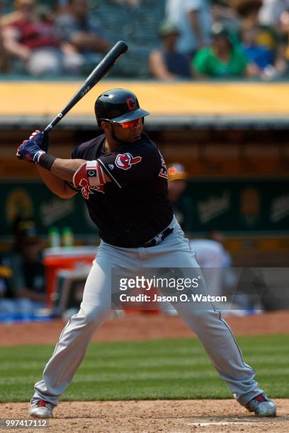 Edwin Encarnacion of the Cleveland Indians at bat against the Oakland Athletics during the eighth inning at the Oakland Coliseum on July 1, 2018 in...