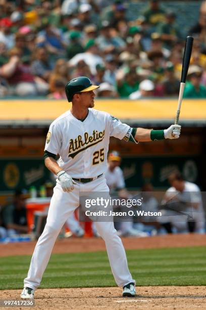 Stephen Piscotty of the Oakland Athletics at bat against the Cleveland Indians during the seventh inning at the Oakland Coliseum on July 1, 2018 in...