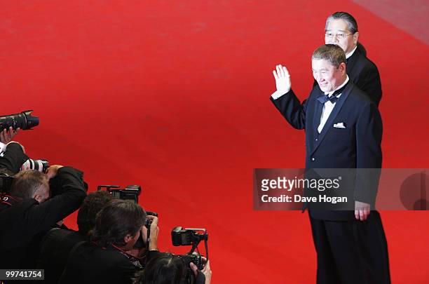 Director Takeshi Kitano and actor Masayuki Mori attend the "Outrage" Premiere at the Palais des Festivals during the 63rd Annual Cannes Film Festival...