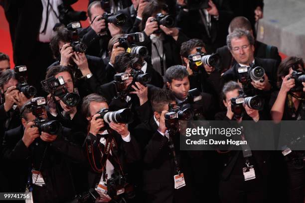 Photographers on the red carpert during the "Outrage" Premiere at the Palais des Festivals during the 63rd Annual Cannes Film Festival on May 17,...