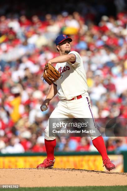 Starting pitcher Joe Blanton of the Philadelphia Phillies throws a pitch during a game against the Atlanta Braves at Citizens Bank Park on May 8,...