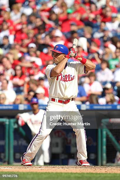 Left fielder Raul Ibanez of the Philadelphia Phillies bats during a game against the Atlanta Braves at Citizens Bank Park on May 8, 2010 in...