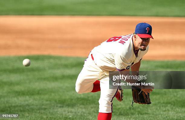 Starting pitcher Joe Blanton of the Philadelphia Phillies throws a pitch during a game against the Atlanta Braves at Citizens Bank Park on May 8,...